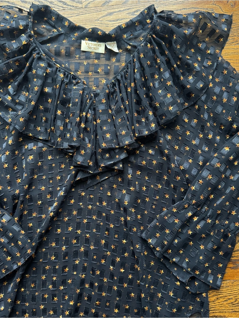 Victoria’s Secret Gold Label Vintage Chiffon Ruffle Blouse Gold Stars S